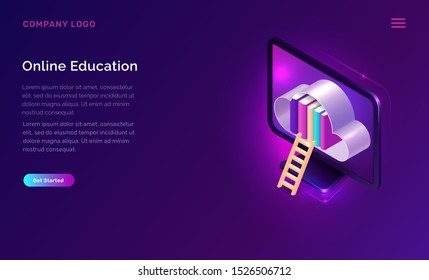 Online education isometric concept vector illustration. Cloud with library books and wooden stairs, computer monitor on purple banner, landing web site page for educational training or language course