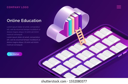 Online education isometric concept vector illustration. Open books on mobile phone screen and cloud with library on violet background, landing web site page for educational or language courses