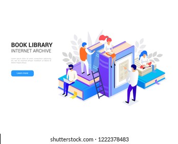 Online education isometric concept. Web archive and  e-learning tutorials for social media. Distance education and internet studying. Online training, digital book 3d vector illustration