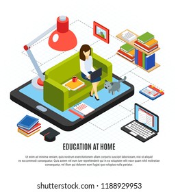 Online education isometric concept with woman studying at home 3d vector illustration