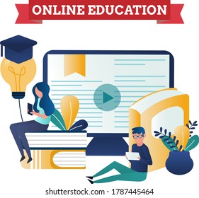Online education isometric design concept-cartoon boy and girls learning/studying-graduation/degree hat- laptop/computer monitor-books-plants-simple flat design