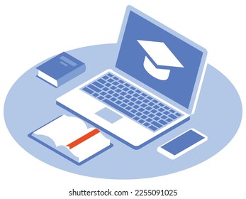 Online education isometric design. Laptop, a book, a smartphone and a notebook lie on the table. Graduation cap on laptop screen. Vector graphics