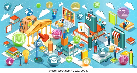 Online education Isometric flat design. The concept of reading books in the library and in the classroom. Learning process. University studies. Vector illustration