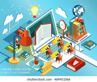 Online education Isometric flat design. The concept of learning and reading books in the library and in the classroom. University studies. Vector illustration