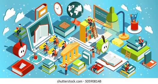Online education Isometric flat design. The concept of learning and reading books in the library and in the classroom. University studies. Vector illustration