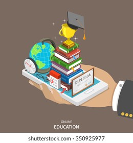 Online Education Isometric Flat Vector Concept. Mans Hand Holds A Mobile Phone With Education Attributes Like Books, Diploma, Graduation Hat. Distant Learning Service. 