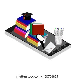 Online education isometric flat vector concept. Flat 3d isometric design. Online training courses, retraining, specialization, tutorials. Vector illustration.