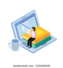 Online education isometric icon with 3d laptop books student cup 3d vector illustration