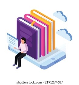 Online education isometric icon with character of student books and tablet 3d vector illustration