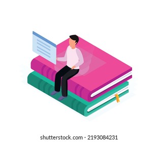 Online education isometric icon with character sitting on stack of books 3d vector illustration