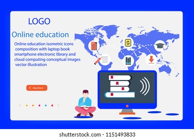 Online education isometric icons composition with laptop book smartphone electronic library and cloud computing conceptual images vector illustration