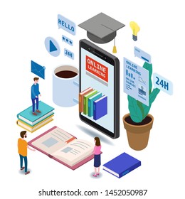 Online education isometric icons composition with little people taking books from smartphone electronic library online global education training courses, university studies and digital library
