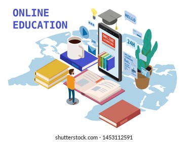 Online education isometric icons composition with little people taking books from smartphone electronic library online global education training courses, university studies and digital library