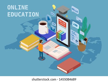 Online education isometric icons composition with little people taking books from smartphone electronic library online global education training courses, university studies and digital library