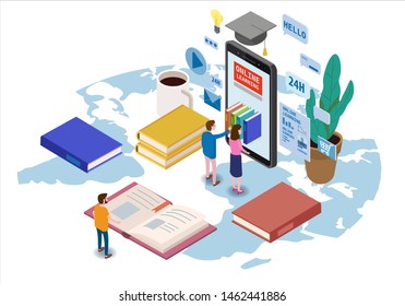 Online education isometric icons composition with little people taking books from smartphone electronic library online global education training courses, university studies and digital library