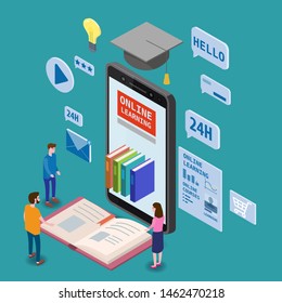 Online education isometric icons composition with little people taking books from smartphone electronic library online global education training courses, university studies and digital library