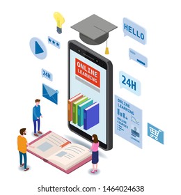 Online education isometric icons composition with little people taking books from smartphone electronic library online global education training courses, university studies and digital library