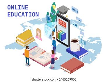 Online education isometric icons composition with little people taking books from smartphone electronic library online global education training courses, university studies and digital library