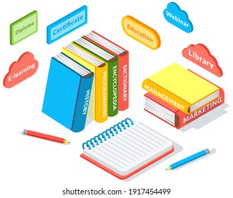 Online education isometric icons composition with buttons, stack of books, notebook and pencil electronic library and cloud computing conceptual images vector illustration, e-learning, webinar
