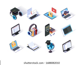 Online education isometric icons set. School homework and university testing by email. Distance education with digital devices, online courses and e-learning, internet library 3d vector isometry.