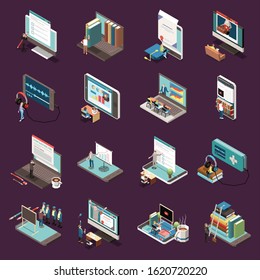 Online education isometric icons with video webinar and audio podcast on device screen and graduates in square academic cap isolated vector illustration