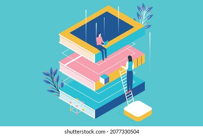 Online education isometric illustration reading learning world book day poster