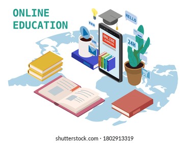 Online education isometric landing icons composition with smartphone electronic library online global education training courses, university studies and digital library. Vector flat illustration baner