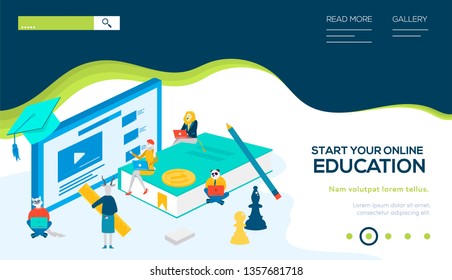 Online education isometric landing page template. Distance university, e-learning 3D illustration. Video tutorial, lesson web banner layout. Animal metaphor for students cartoon characters