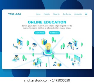 online education isometric landing page template. Modern web page design concept layout for website. Vector illustration. Brochure cover, web banner, website slide and presentation.