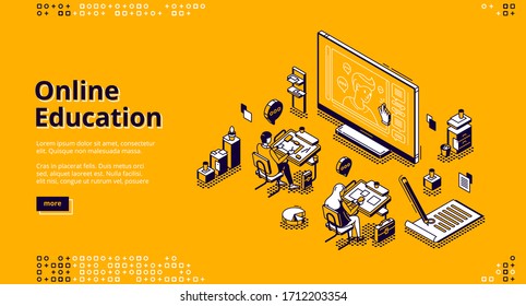 Online education isometric landing page. Students sitting at desks in classroom watching distant lesson at huge screen. Webinar in internet school, university or college, 3d vector line art web banner