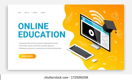 Online education isometric landing page web design template. 3d desktop computer with video lesson on monitor screen web site concept. E-learning, training courses, online school vector illustration