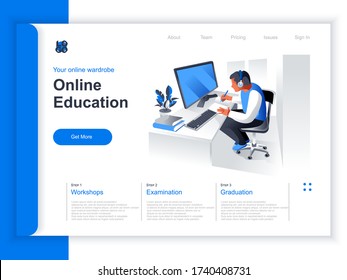 Online education isometric landing page. Young man studying with computer at workplace situation. Distance learning, online webinar, professional courses and skills development perspective flat design