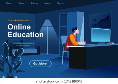 Online education isometric landing page. Man studying with computer at workplace website template. Distance learning, online webinar, courses and skill development perspective flat vector illustration