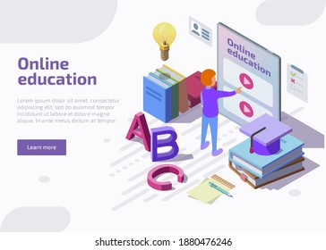 Online education isometric landing page, web banner. Student learning distant video tutorials via website or application at huge screen of tablet. Lesson in internet school, university or college.