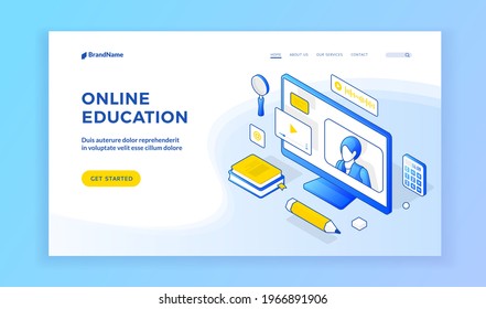 Online education. Isometric landing page template. Homepage design with blue icons of computer and studying elements. Video tutorial. Web conference, webinar, study from home