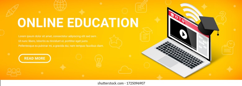 Online education isometric narrow banner template. 3d laptop with video lesson on screen, graduation cap, button, icons, text. E-learning concept, training courses, online school vector illustration