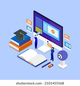 Online education isometric on a background