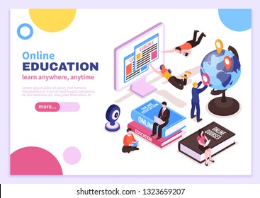 Online education isometric poster with tutorials advertising distance courses and slogan learn anywhere anytime vector illustration