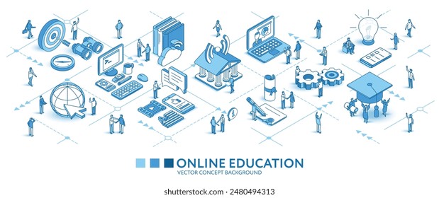 Online education isometric seamless pattern. Line 3d icons, people characters, arrow. Distance study, university, business infograph. Vector background teamwork concept illustration. Elearning journey