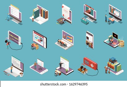 Online education isometric set of web lecture in tablet or pc screen and people listening to podcasts by headphones connected to smartphone vector illustration 