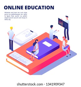 Online education isometric vector concept with books, students