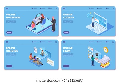 Online education isometric vector concept pages. Online exam, training, courses landing page set. Illustration of isometric training and studying, landing page online course