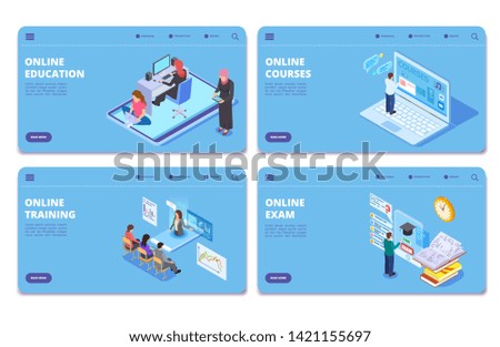 Online education isometric vector concept pages. Online exam, training, courses landing page set. Illustration of isometric training and studying, landing page online course