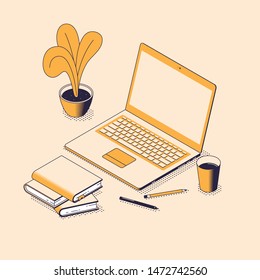 Online education isometric vector illustration with laptop, heap of paper books and pencils.