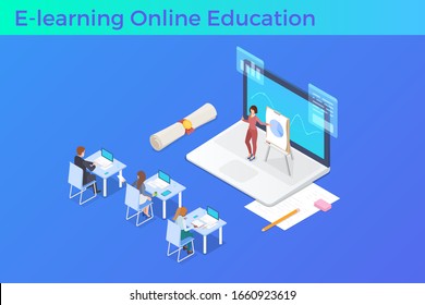 Online education isometric vector illustration. People sitting near big Notebook Laptop with Teacher E-learning concept.