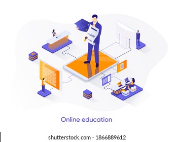 Online education isometric web banner. Distance learning platform isometry concept. Online webinars and trainings 3d scene, skills development flat design. Vector illustration with people characters.