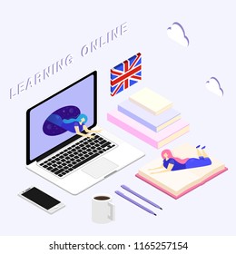 Online education, isometry vector illustration.Learning languages online.