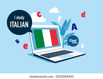 Online education. Italian language online course. Distance education. Italian dictionary. Vector illustration. 