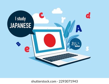 Online education. Japanese language course. Distant education technology for language school. Vector illustration. 