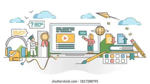 Online education with kids distant school lesson outline concept. Knowledge study graduation after digital training and courses from teacher workshops vector illustration. Learning from home scene.